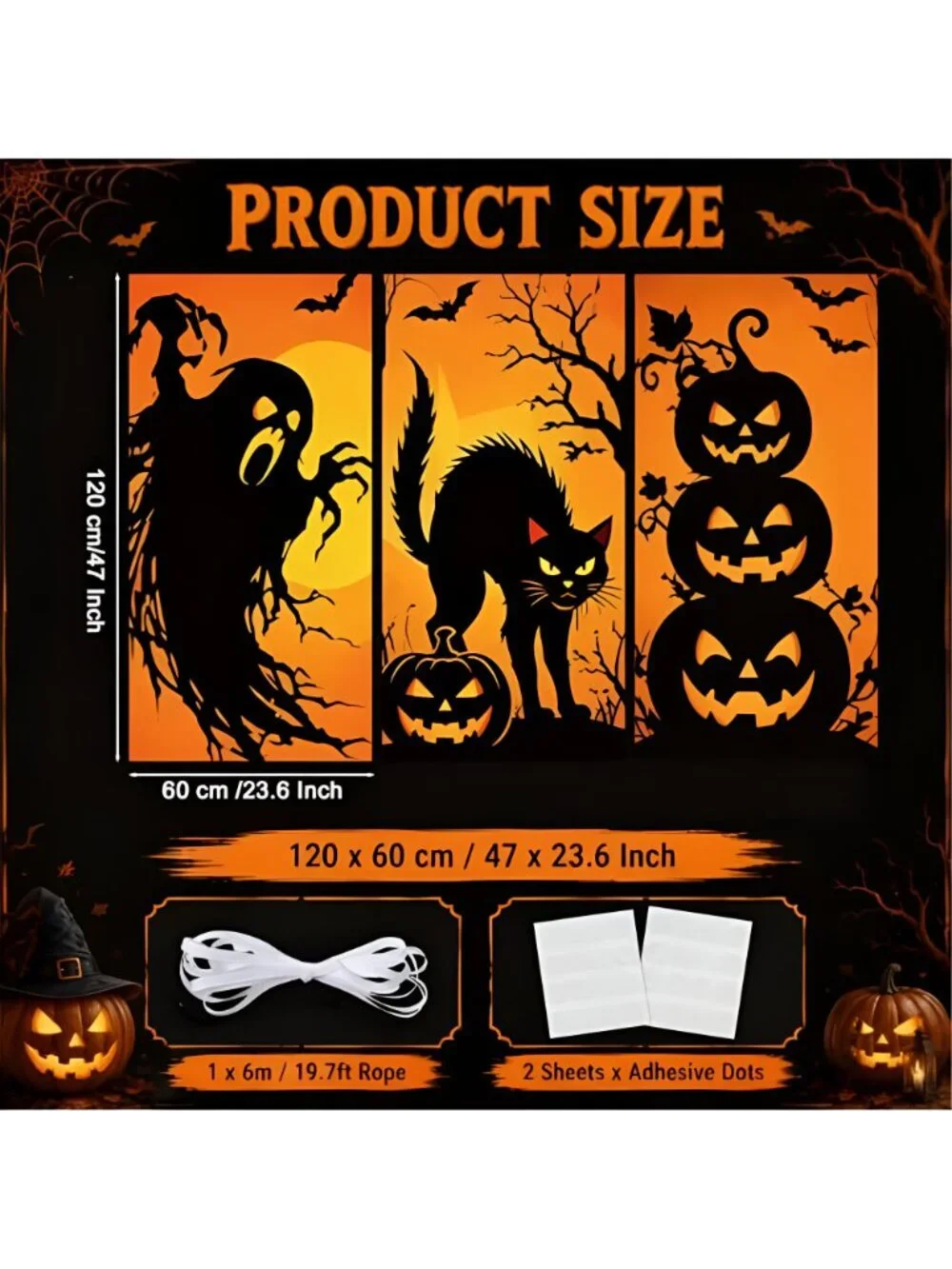 3 Pcs Halloween Ghost Silhouette Window Decor Large Ghost Black Cat Pumpkin